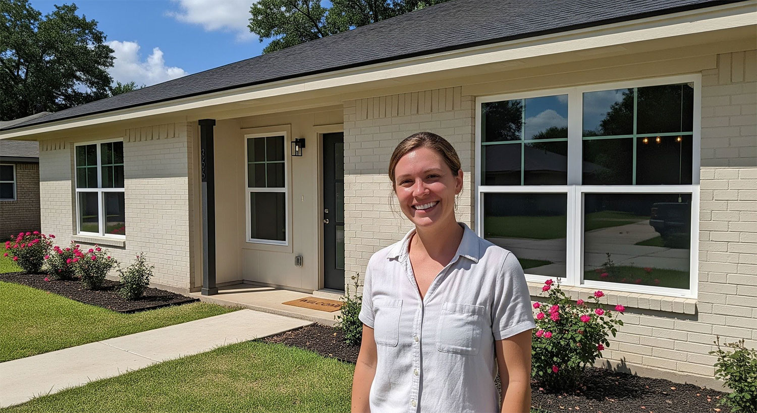 Happy homeowner in Selma standing outside updated home