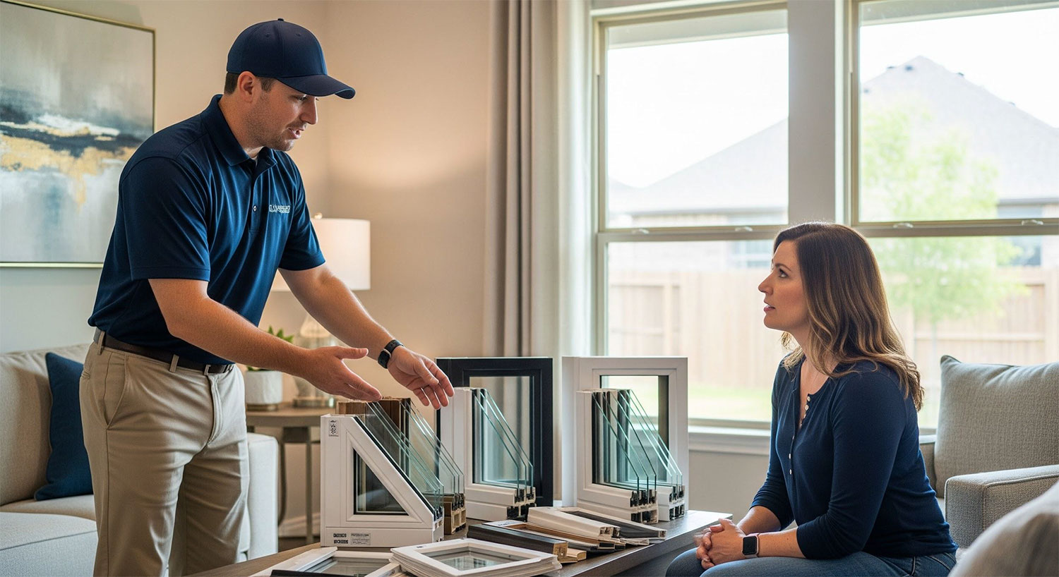 Window consultant showing options to Schertz homeowner