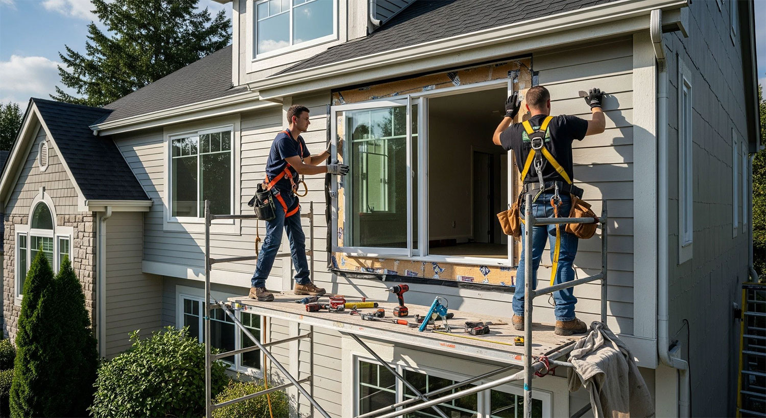 Window installers working on Selma home with new frames