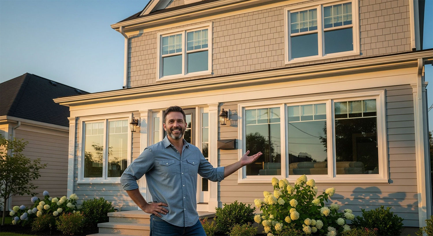 Smiling homeowner in New Braunfels after energy efficient window upgrade