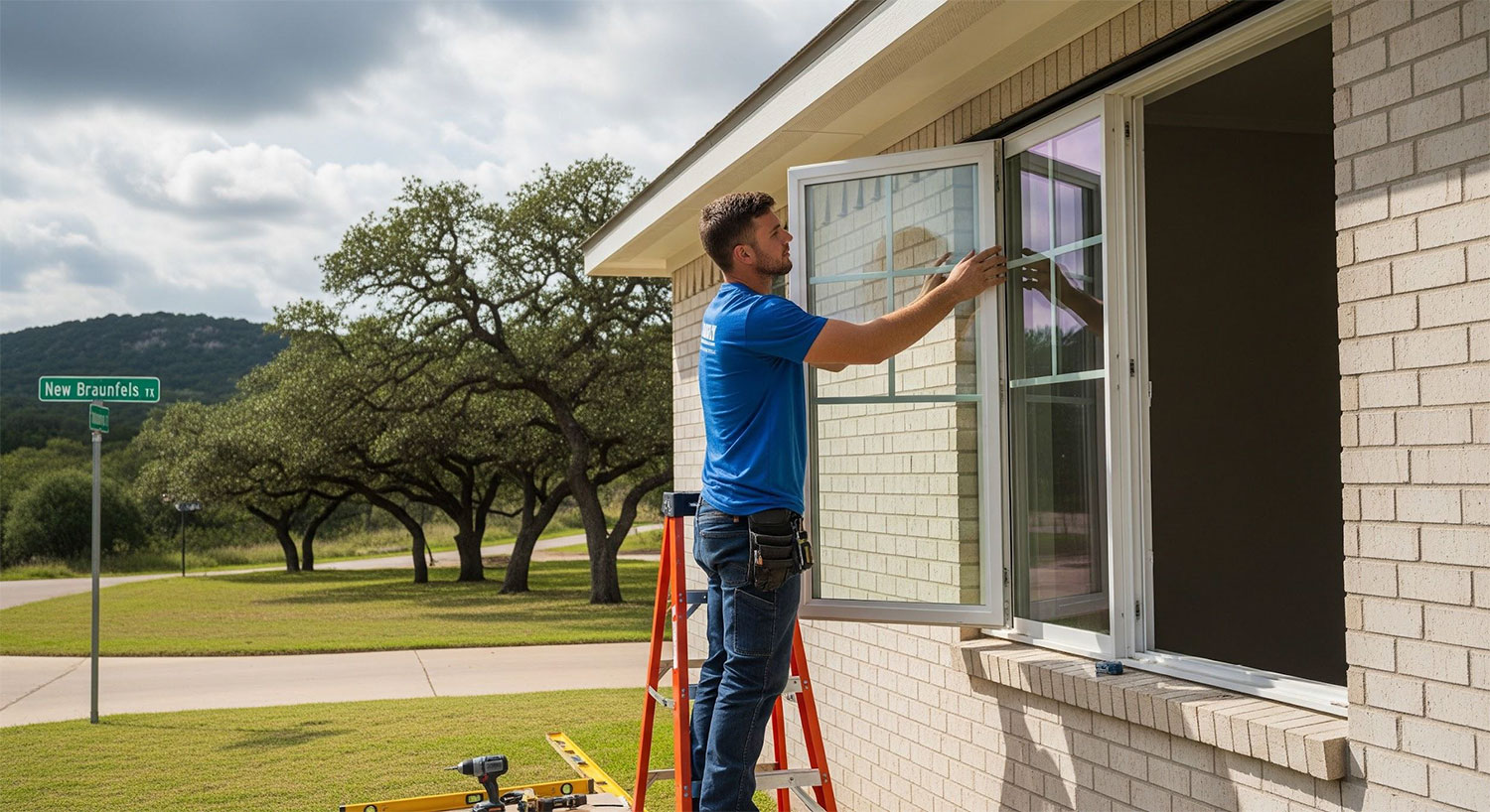 Technician installing new vinyl windows in New Braunfels TX