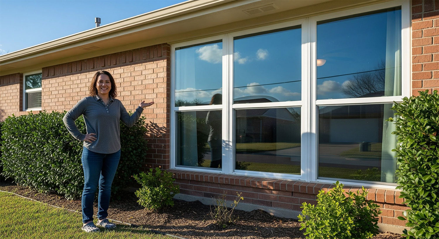 Universal City homeowner standing proudly by newly installed windows