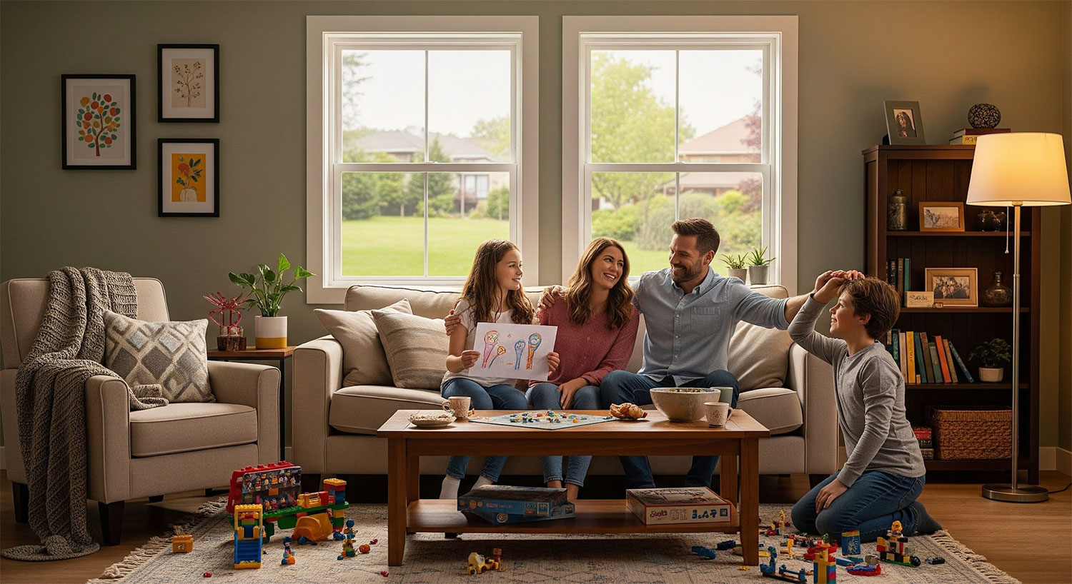 Schertz family relaxing near newly installed windows