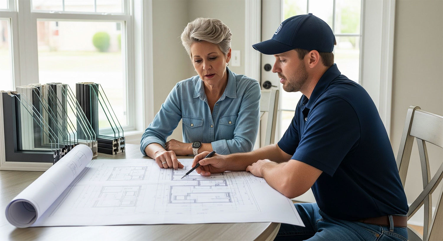 Maverick crew discussing window replacement at a Universal City home