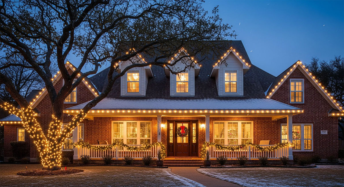 New windows on a Texas home with holiday lights.