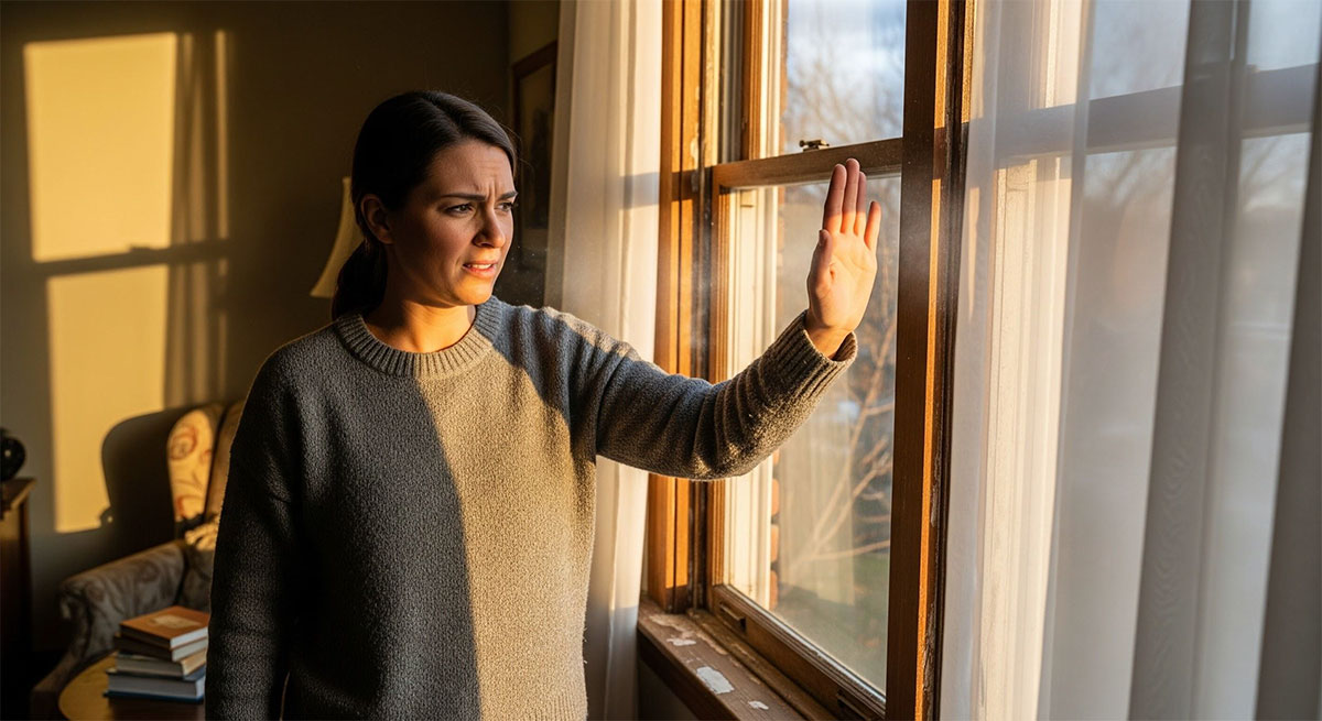 Homeowner feeling cold air near a window during late winter in Texas