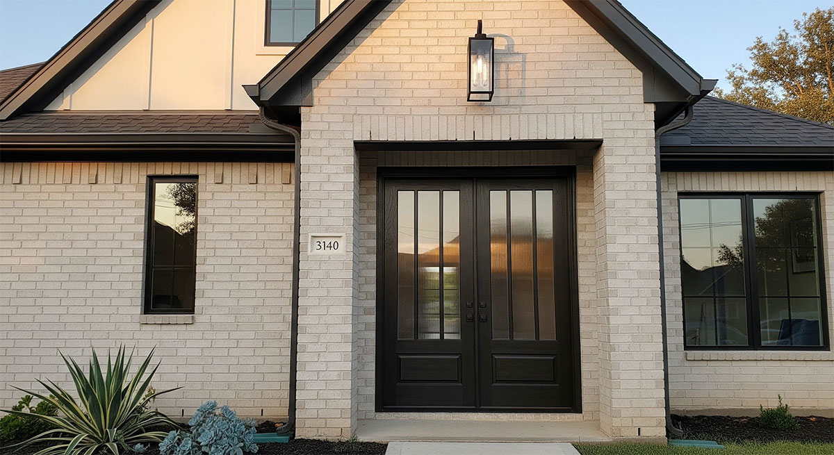 Modern front entry door on a Texas home with clean exterior design