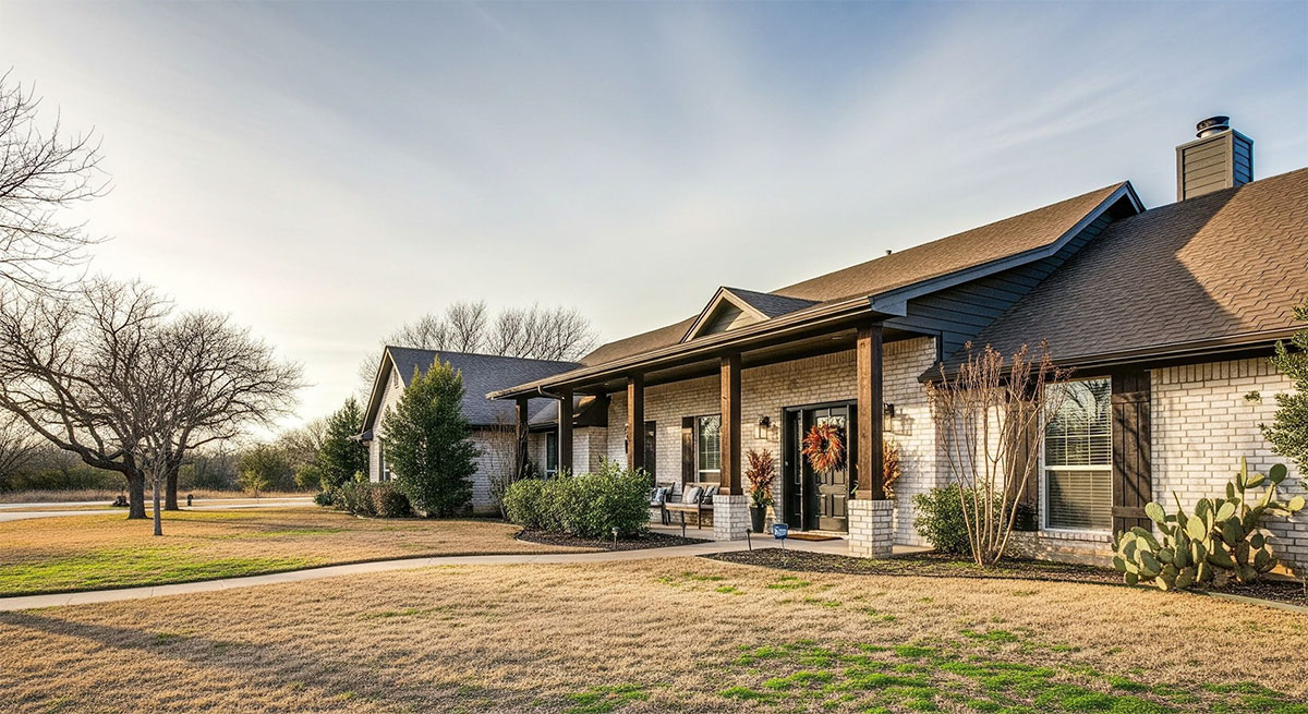 Texas home exterior in late winter weather with clear sky and seasonal landscaping