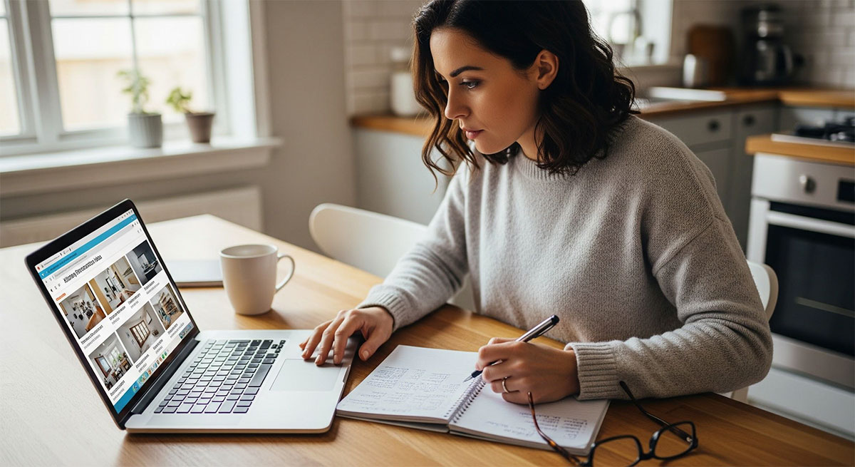 Homeowner researching home upgrades on a laptop at a kitchen table