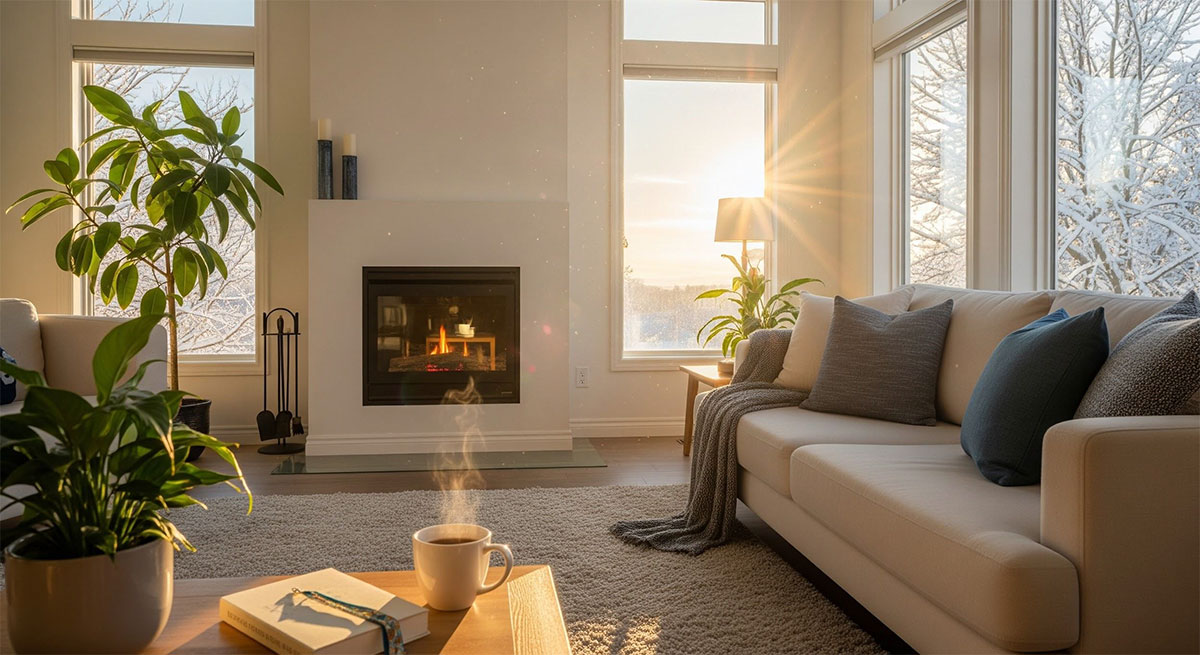 Bright living room with sunlight coming through energy efficient windows in winter