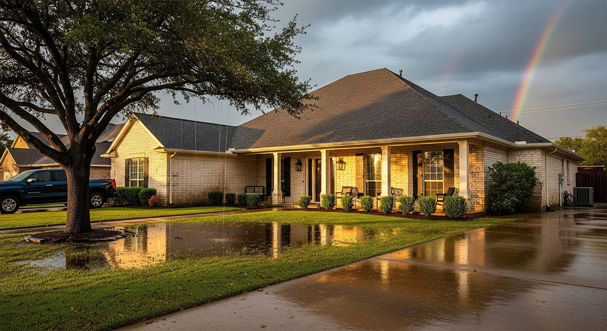 Texas home exterior after a winter storm showing intact siding and wet driveway