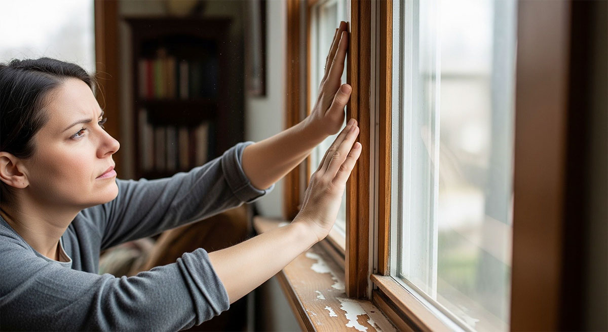Homeowner checking for drafts around a window frame inside a Texas home