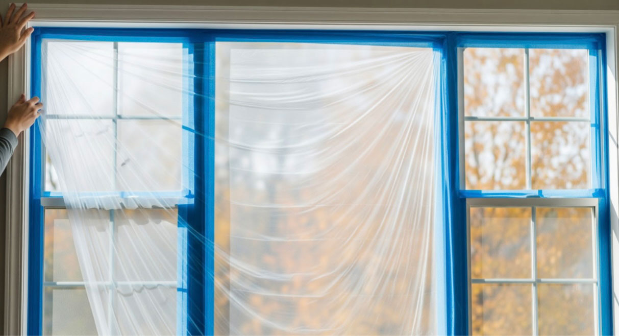 Plastic sheeting protects the glass from drips, splatter, and overspray.