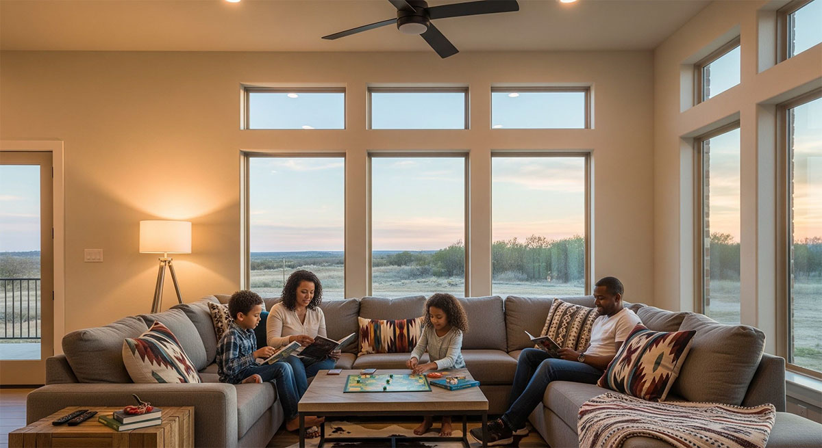 Family relaxing comfortably inside a well insulated Texas home
