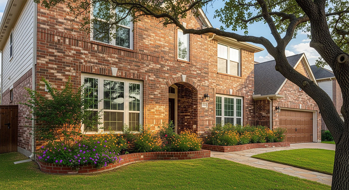 Texas home exterior in late winter with sunlight and early spring landscaping