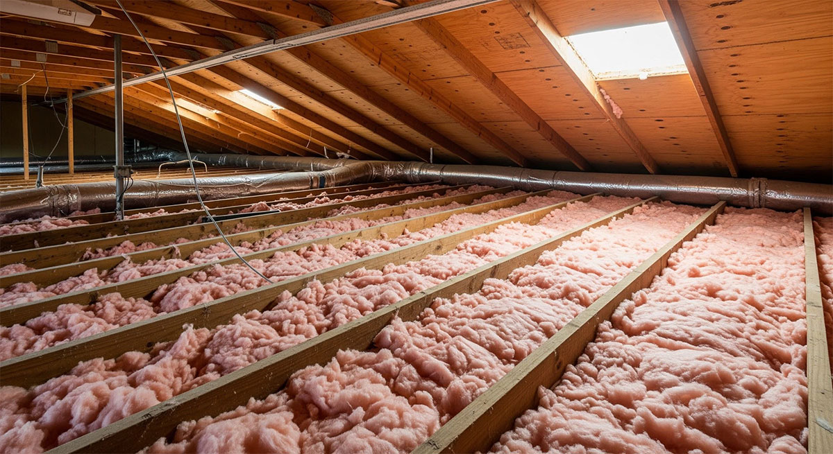 Attic insulation inside residential home helping regulate indoor temperature