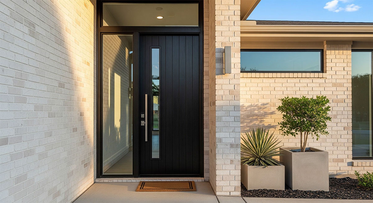 Modern insulated front entry door on Texas home