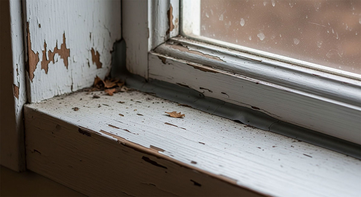 Close up of residential window frame showing aging seal