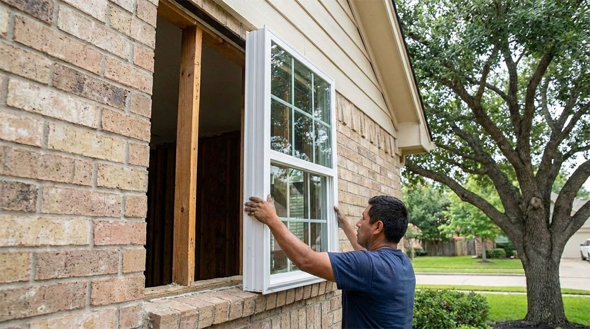 Window installation crew removing old window from home