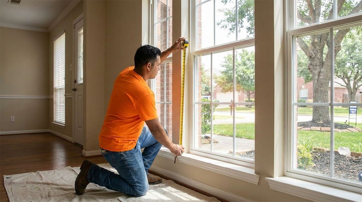 Contractor measuring residential window during consultation