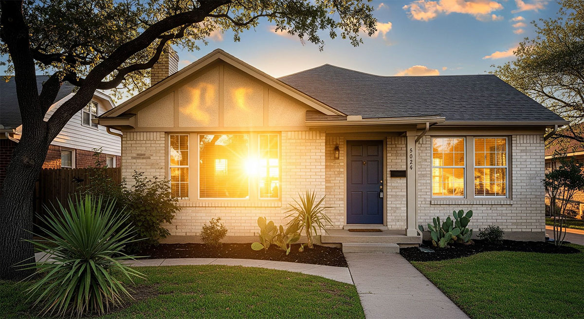 Texas home exterior with strong sunlight heating windows during warm weather