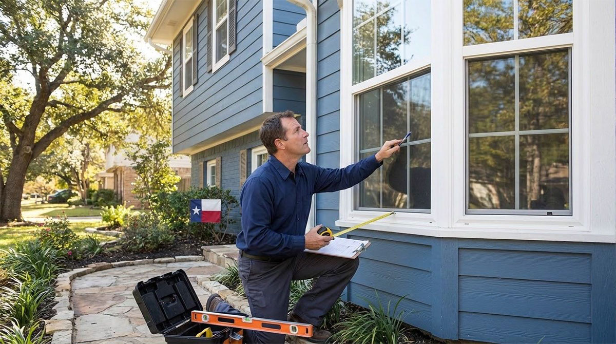 Technician inspecting window