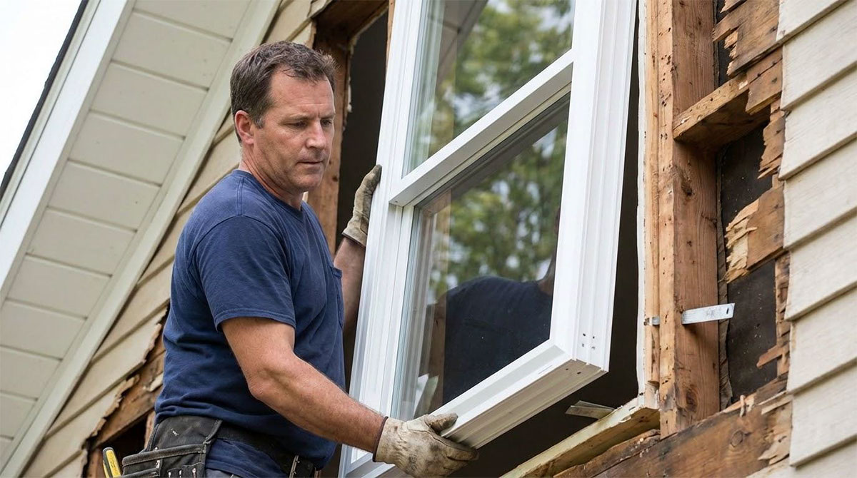 Professional installing a window with proper alignment and sealing