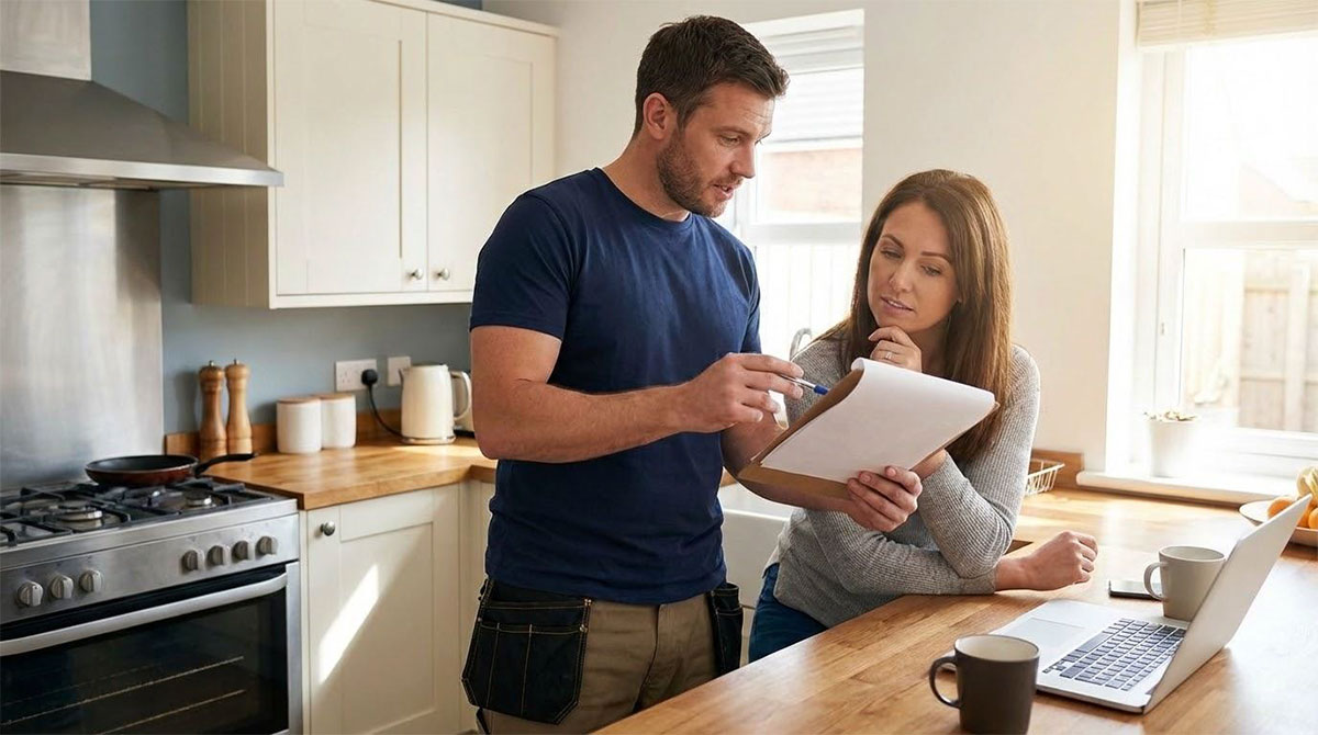 Contractor explaining window replacement quote to homeowner