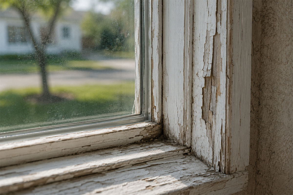 Aging window frame showing wear from years of Texas heat