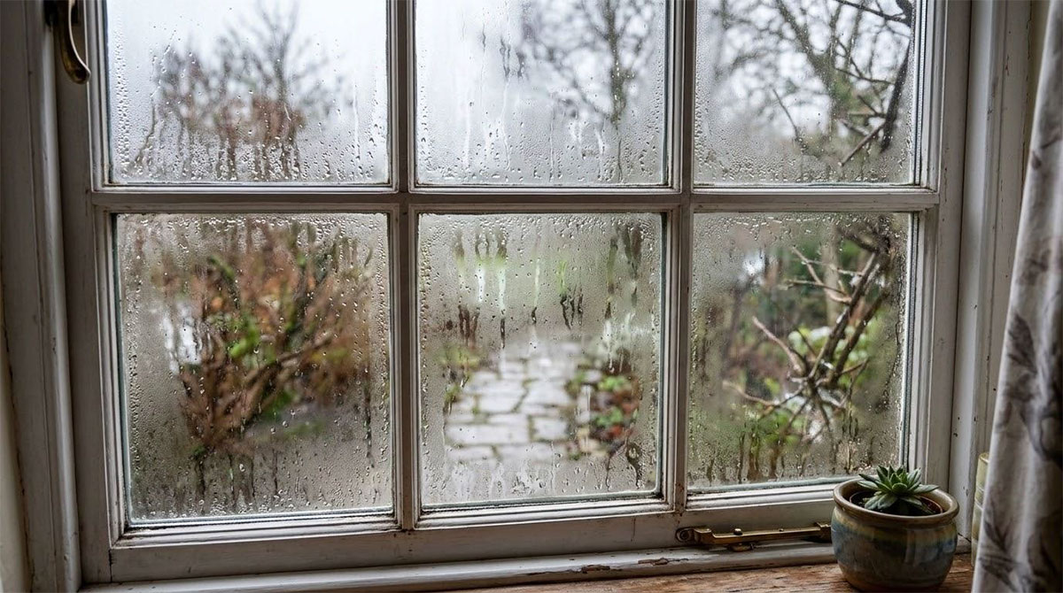 Condensation inside window indicating seal failure