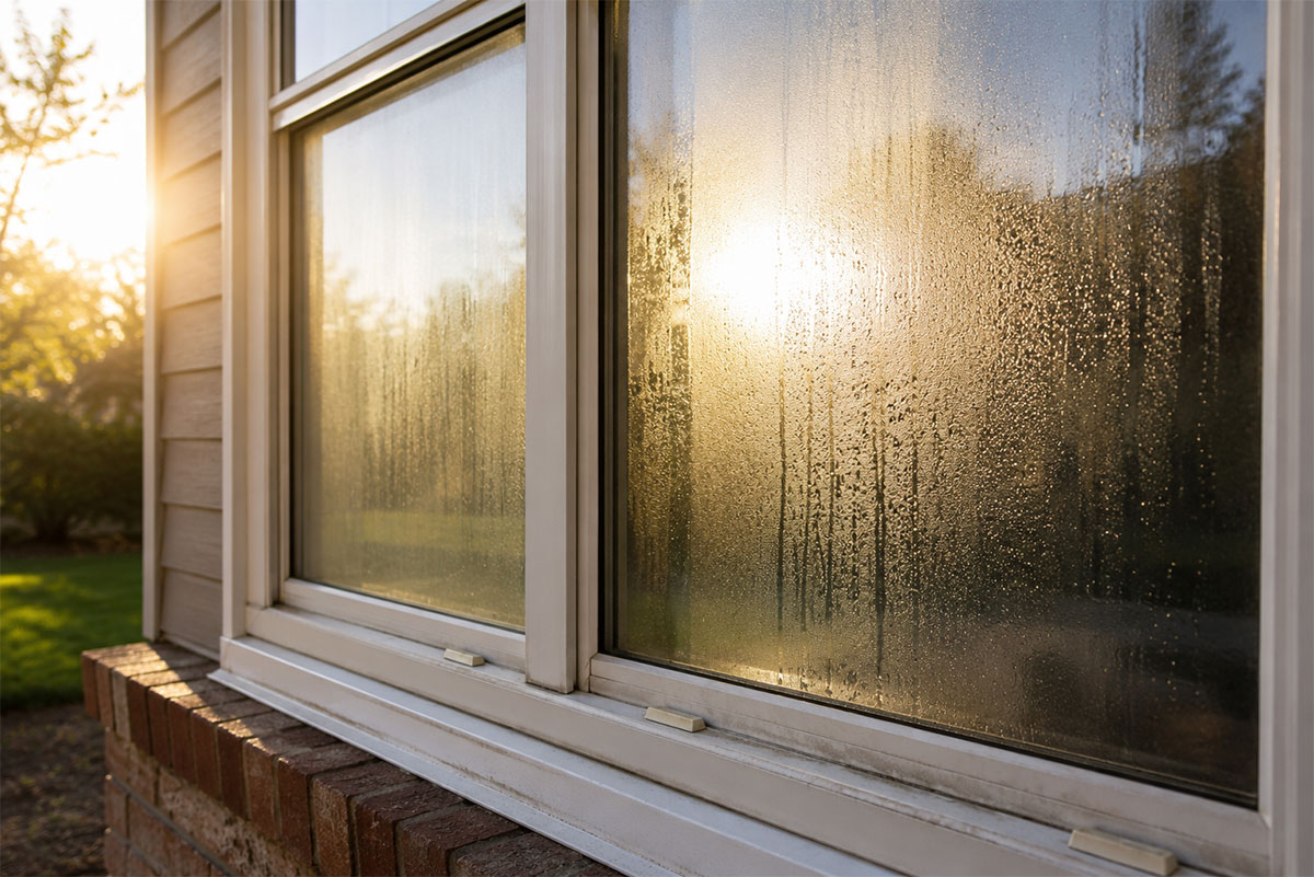 Foggy window with failed seal caused by long term heat exposure