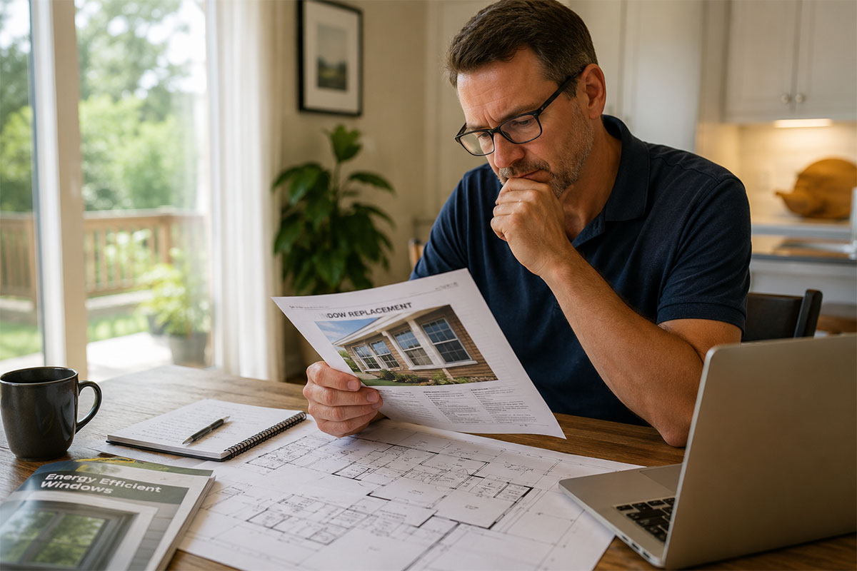 Homeowner planning window replacement before summer heat