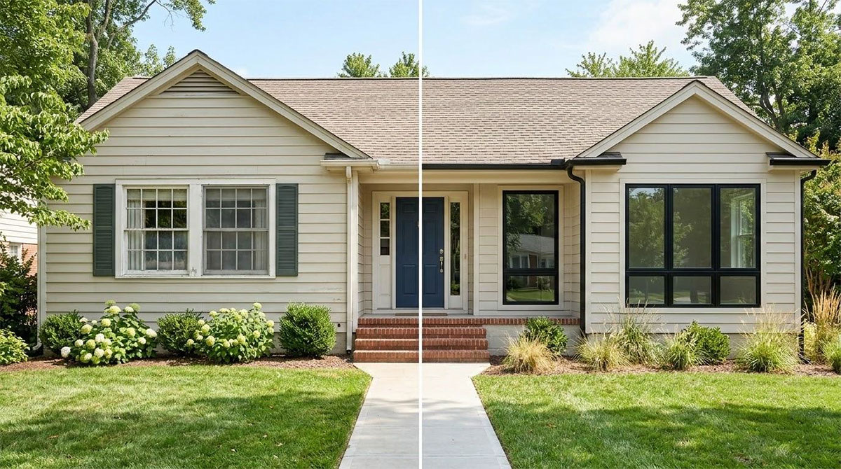 Exterior home comparison showing old windows versus upgraded windows