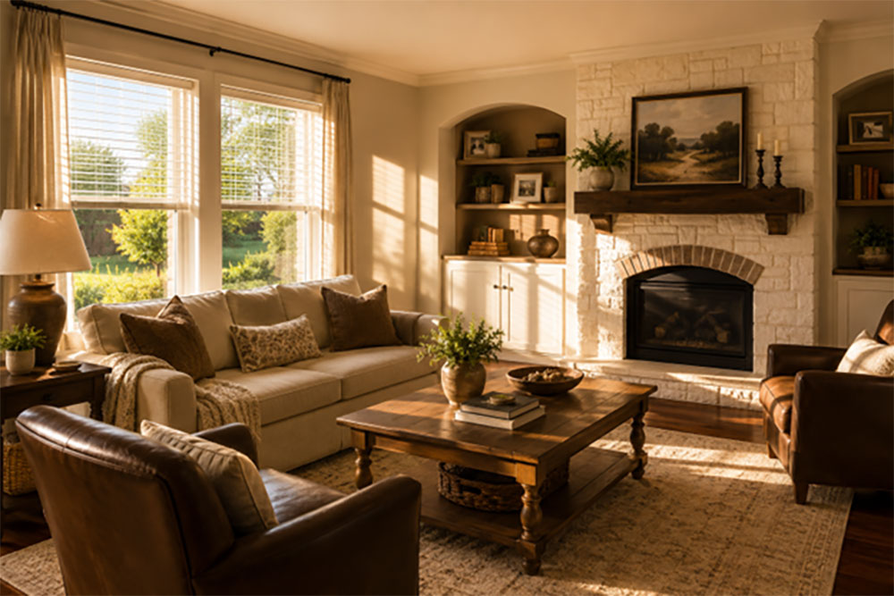 Bright sunlight heating a living room through older windows