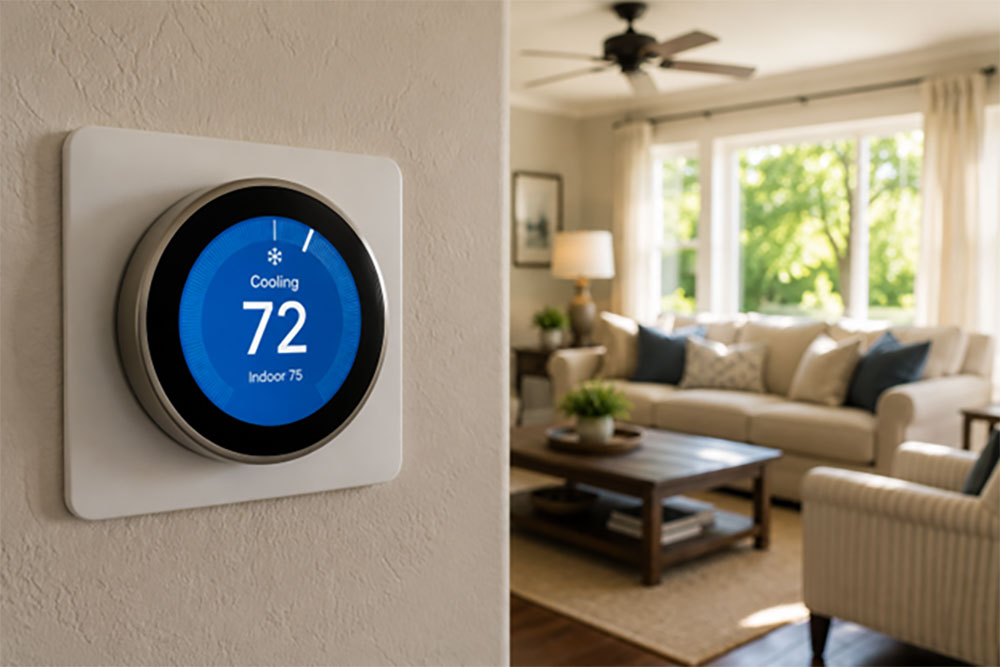 Thermostat showing air conditioning running during warm Texas weather